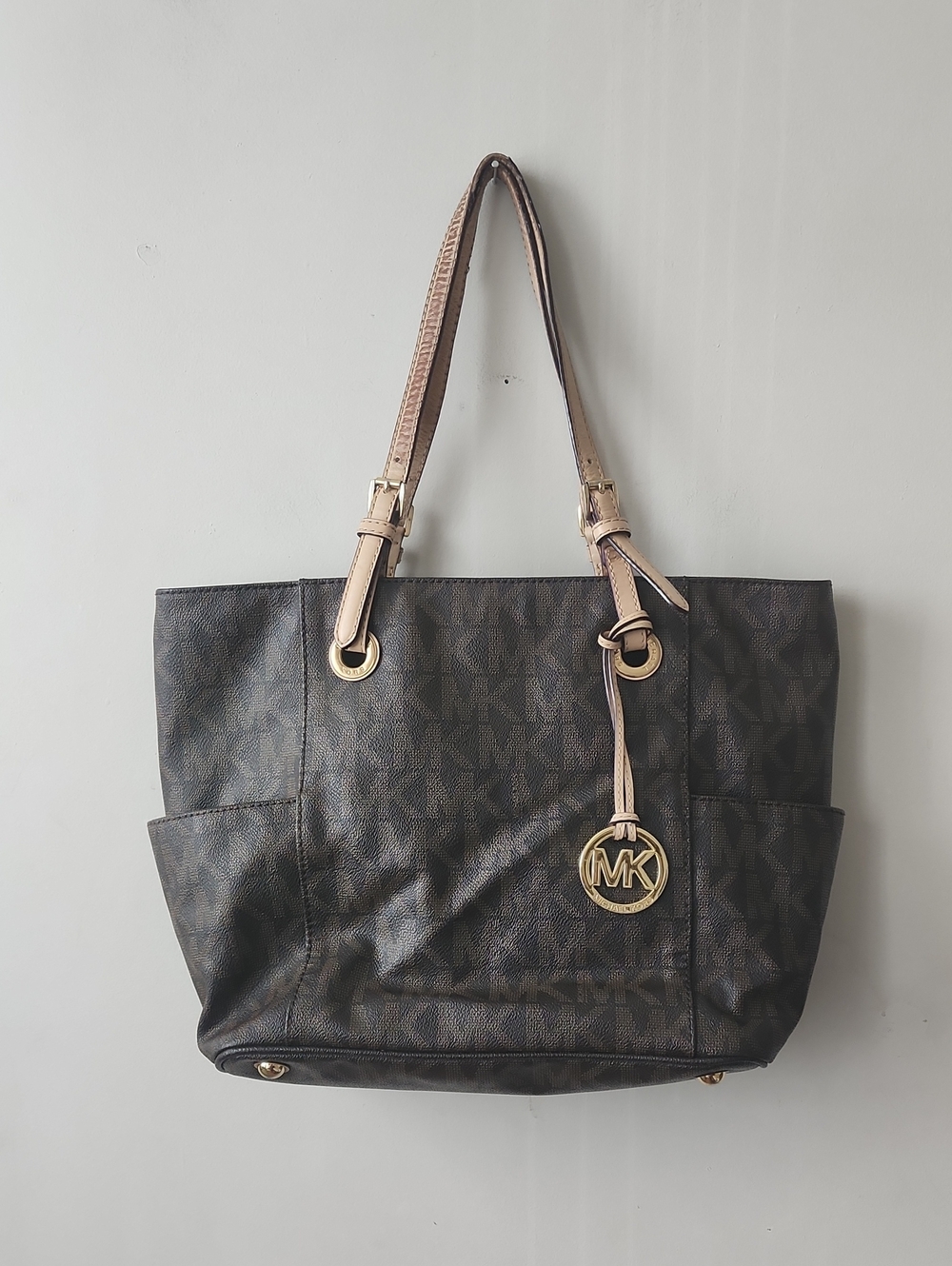 Michael Kors Brown MK Logo Tote with Pale Pink Straps and Gold Hardware.